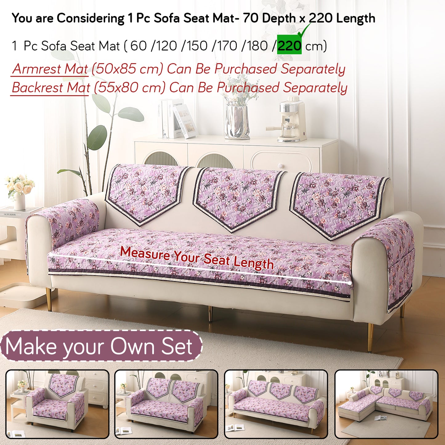 Florentina Series Premium Holland Velvet Sofa Cover Mat - Peony Lavender