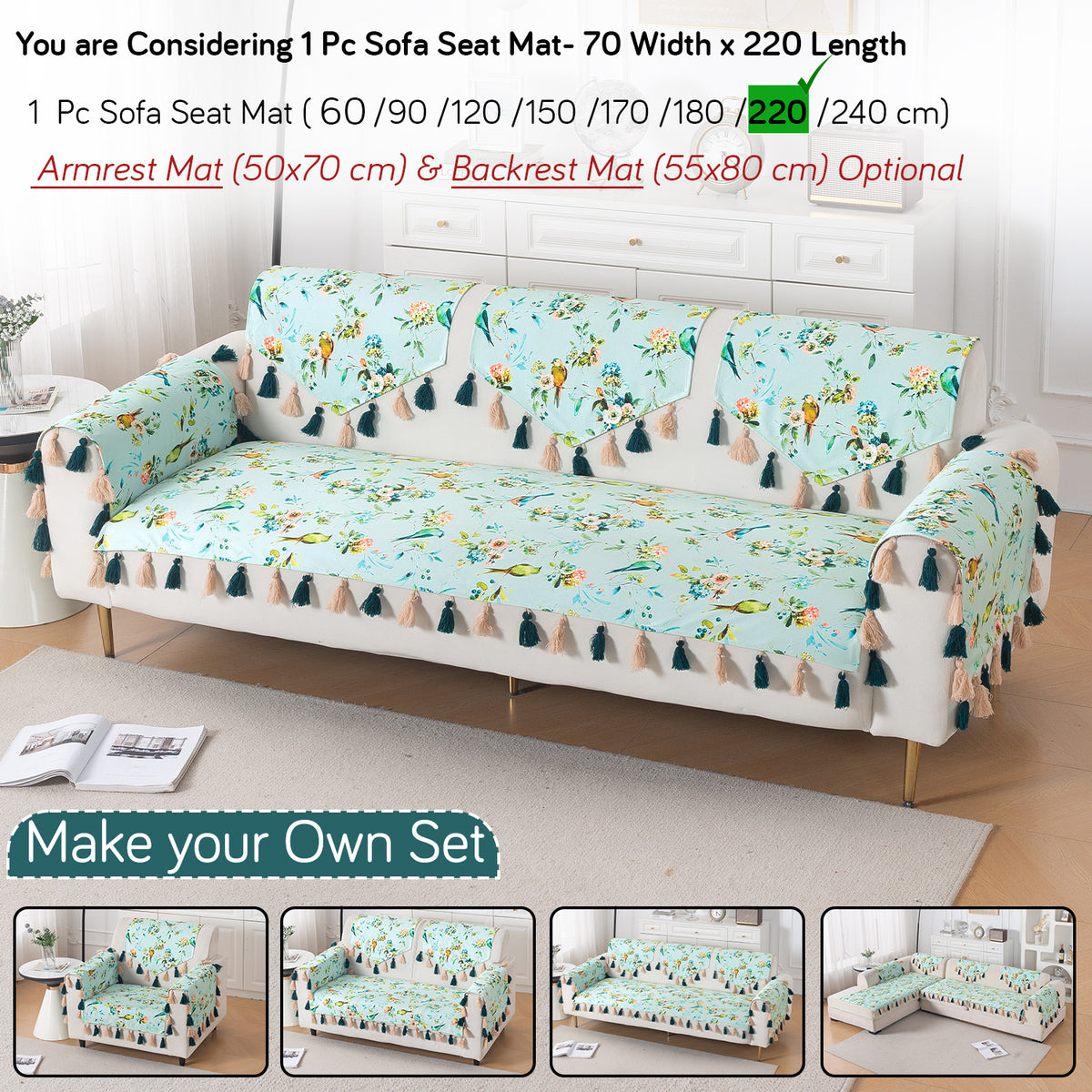 'Whispers of Nature' Series Holland Velvet Sofa Mat with Tassel, Mint Birdsong Blossom
