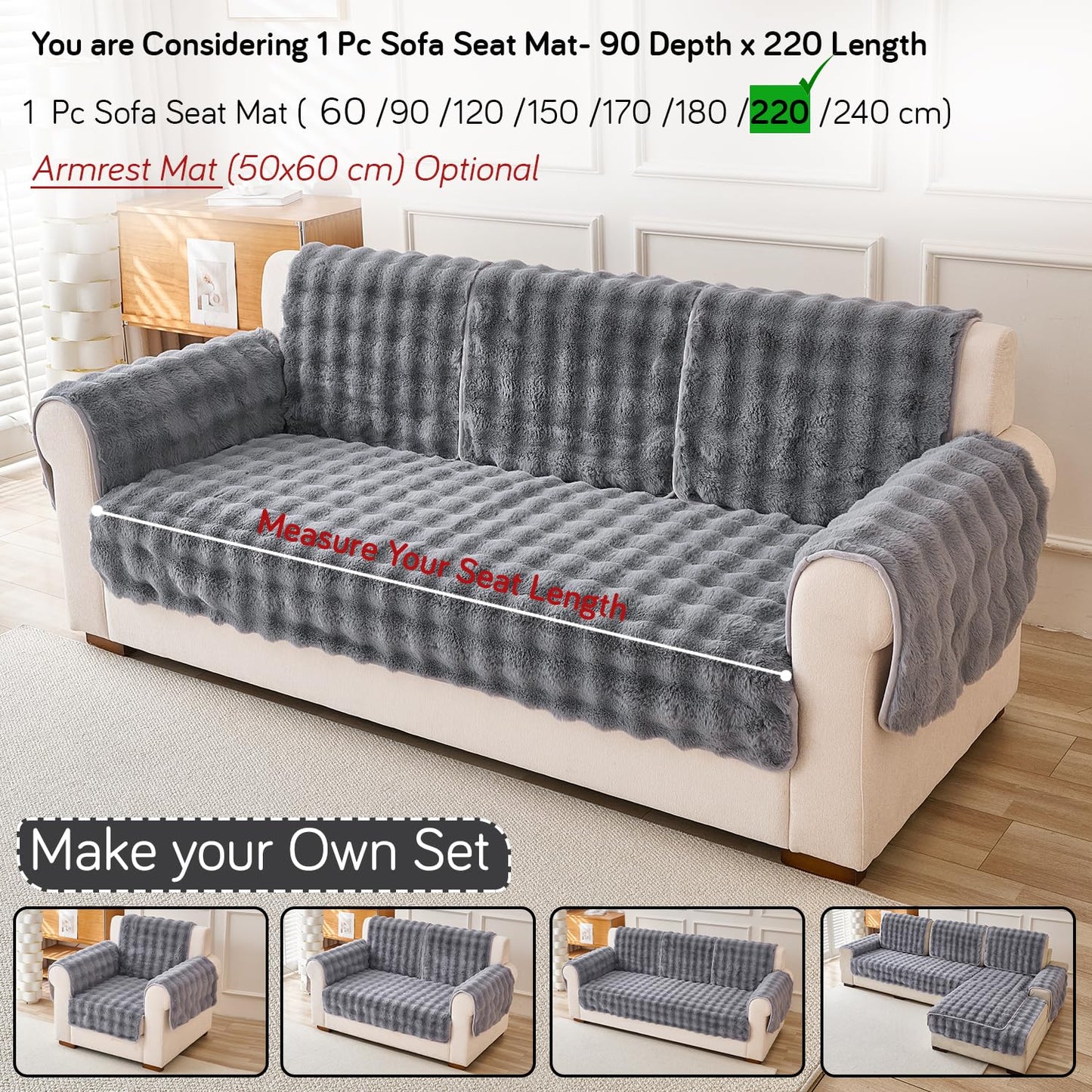 'FurHug' Premium Faux Rabbit Fur Sofa Seat Mats, Cool Grey