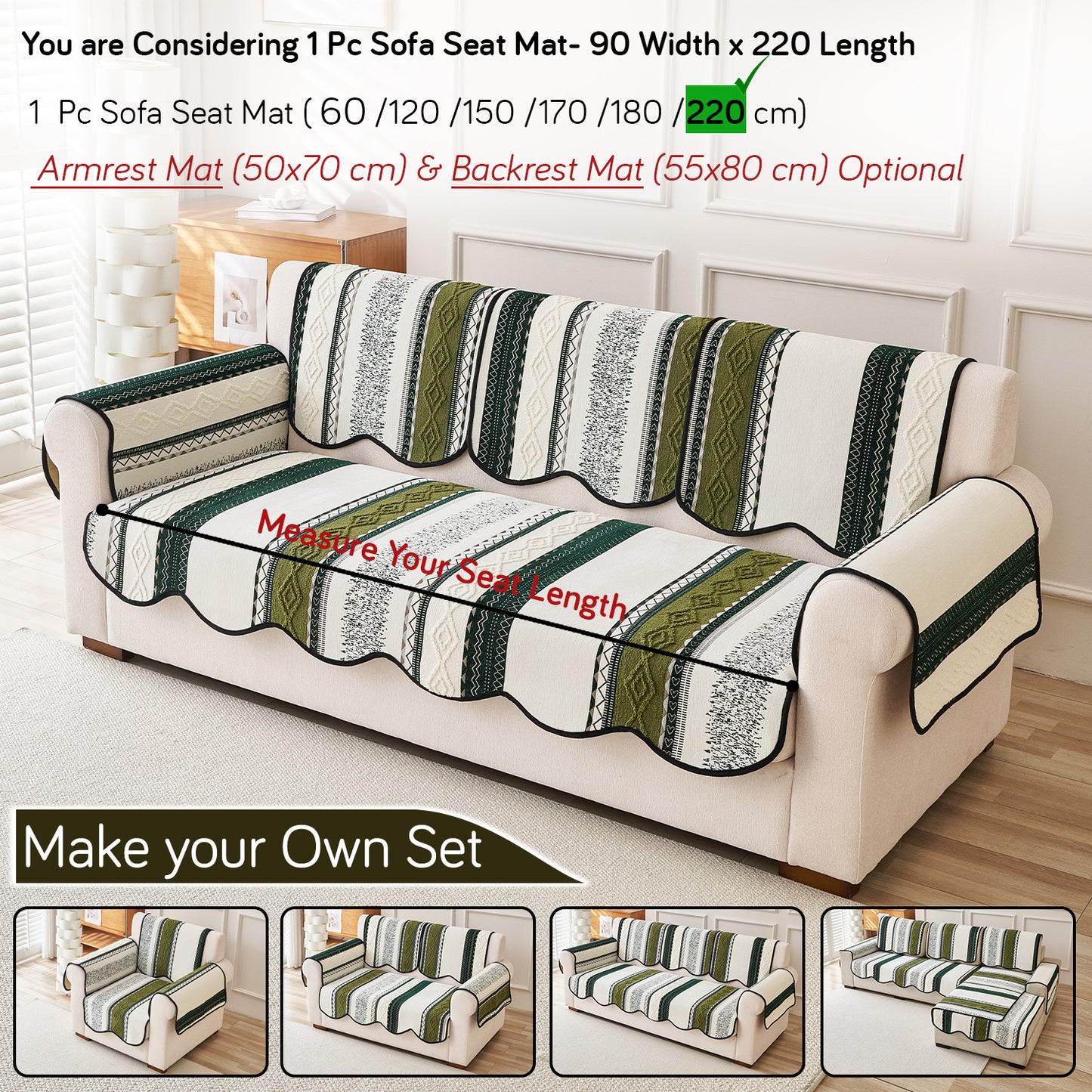 HOKIPO Boho Geometry Sofa Cover Mat|'Valenca Wavy Luxe Series' Moss Green