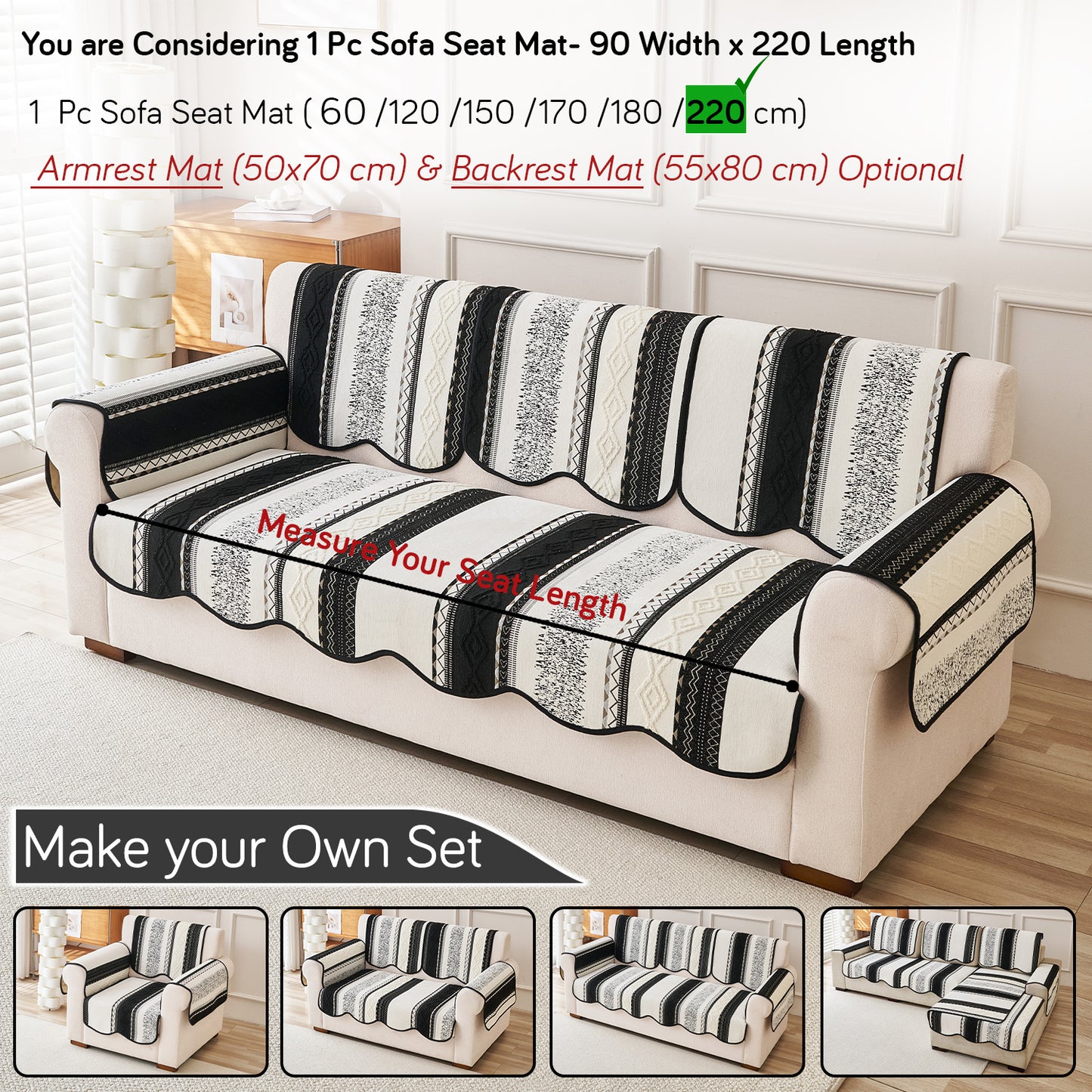HOKIPO Boho Geometry Sofa Cover Mat| 'Valenca Wavy Luxe Series' Midnight Black