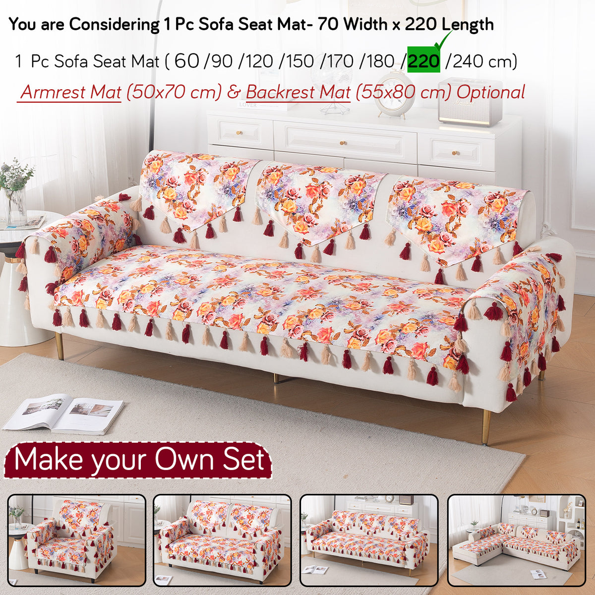 'Whispers of Nature' Series Holland Velvet Sofa Mat with Tassel, Vintage Rose Bloom