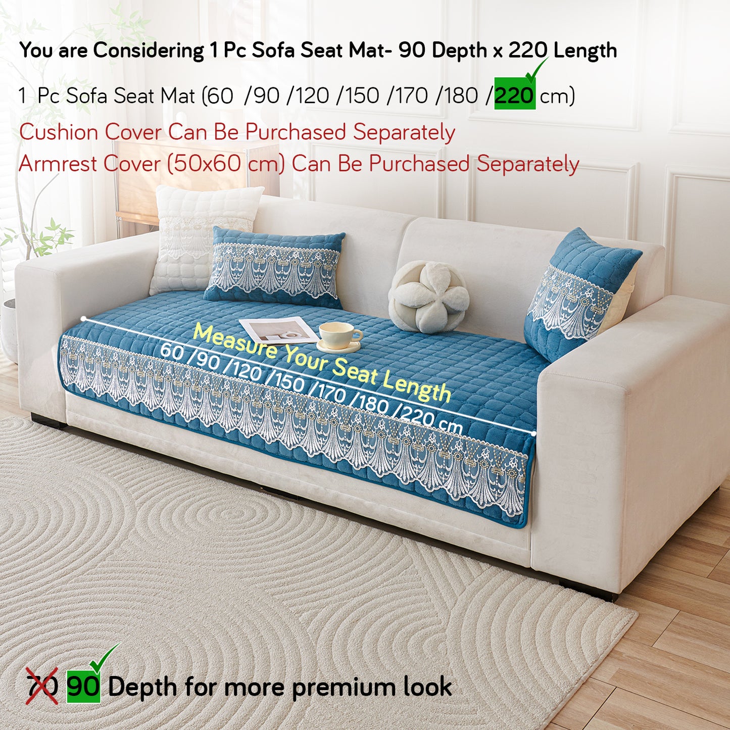 BelleLace Series Imperial Milk Velvet Sofa Cover Mat with Lace Design - Celdaon Blue