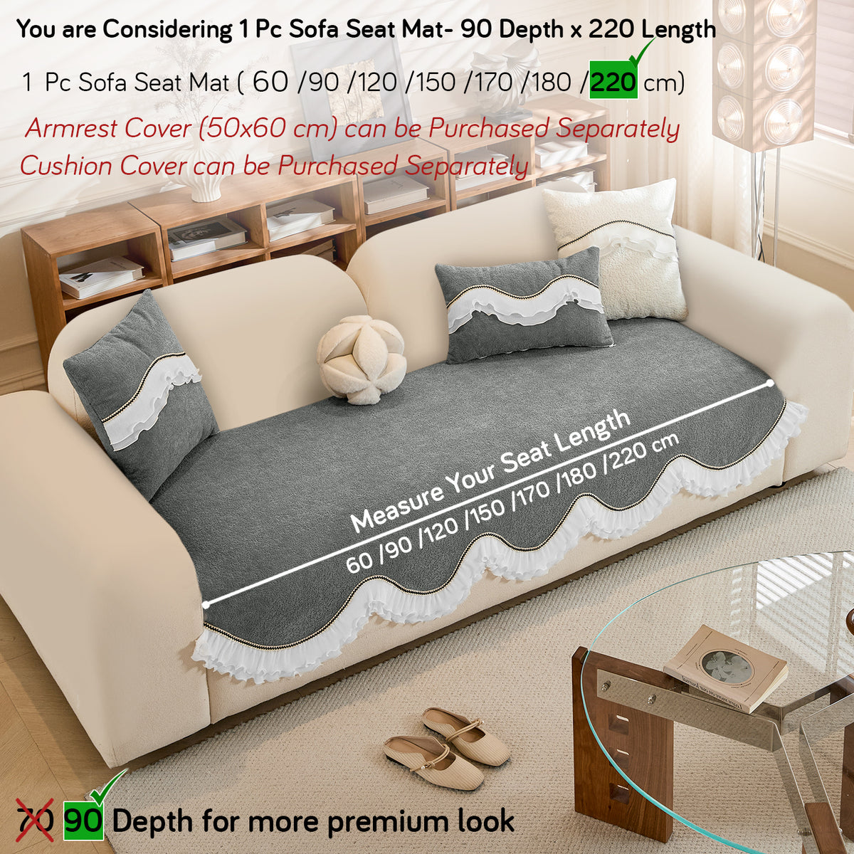 French Classic Frill Wavy Sofa Cover Mat, Moonstone Grey