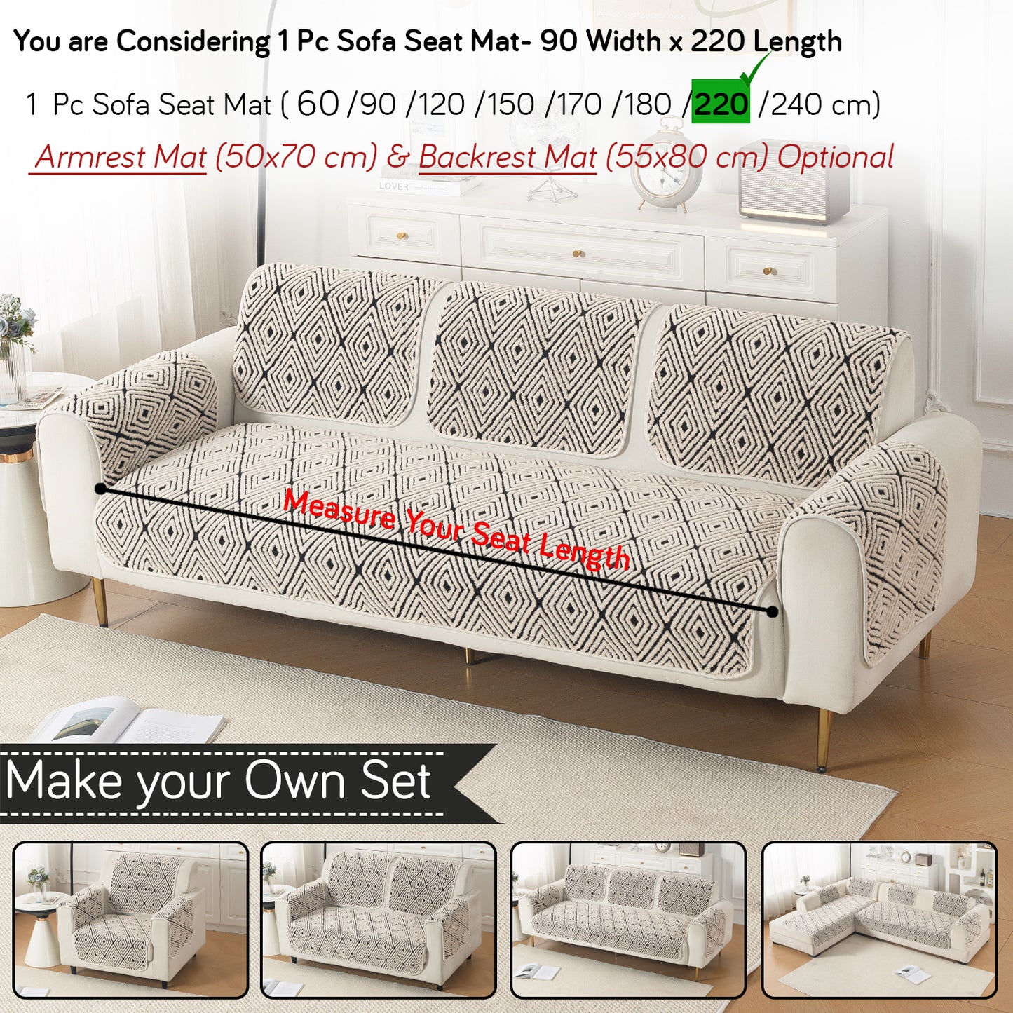 Luxury Plush Sherpa Anti-Slip Sofa Cover Mat, 'Noirea Series'| Geometric Diamond