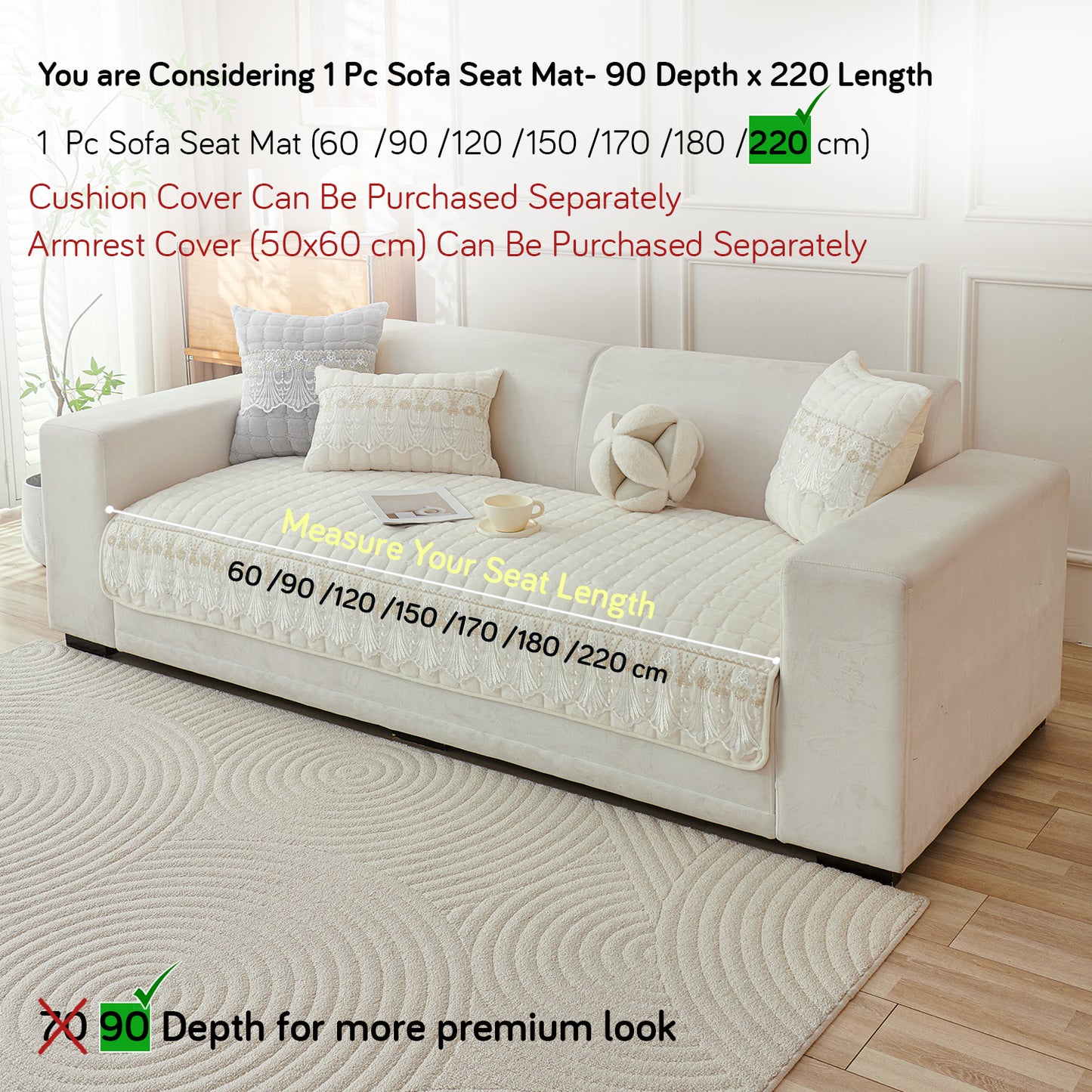BelleLace Series Premium Imperial Milk Velvet Sofa Cover Mat with Lace Design -  Pearl White