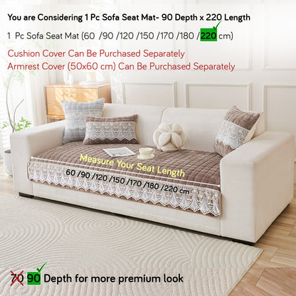 BelleLace Series Premium Imperial Milk Velvet Sofa Cover Mat with Lace Design -  Mocha Brown