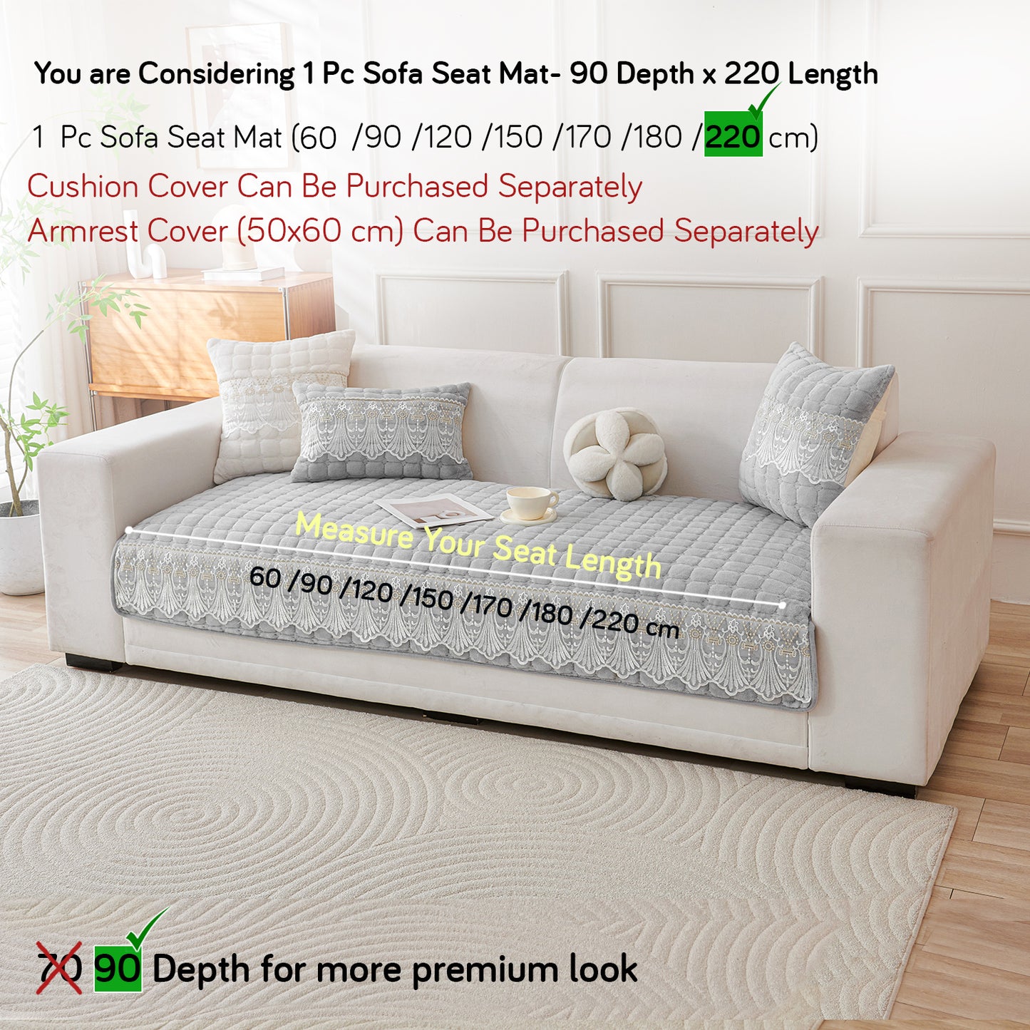 BelleLace Series Imperial Milk Velvet Sofa Cover Mat with Lace Design - Cloud Grey