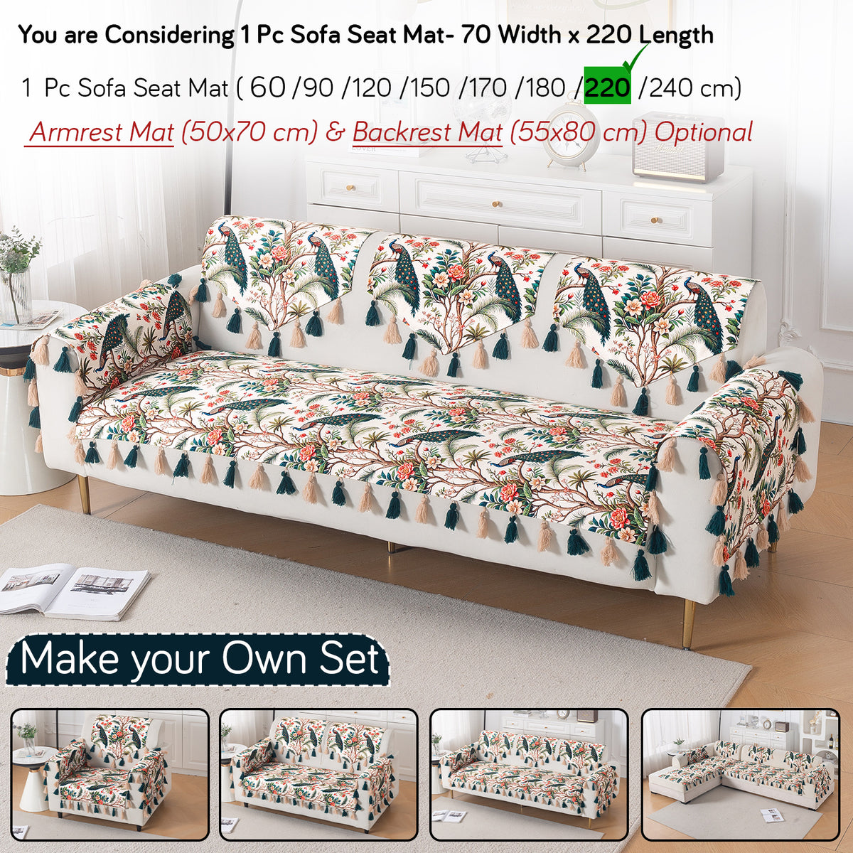 'Whispers of Nature' Series Holland Velvet Sofa Mat with Tassel, Multicolor Tropical Peacock