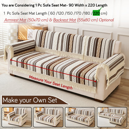 Nordic Boho Geometric Sofa Cover Mat with Tassel, 'Nordic Tassel Series'  Chocolate Brown