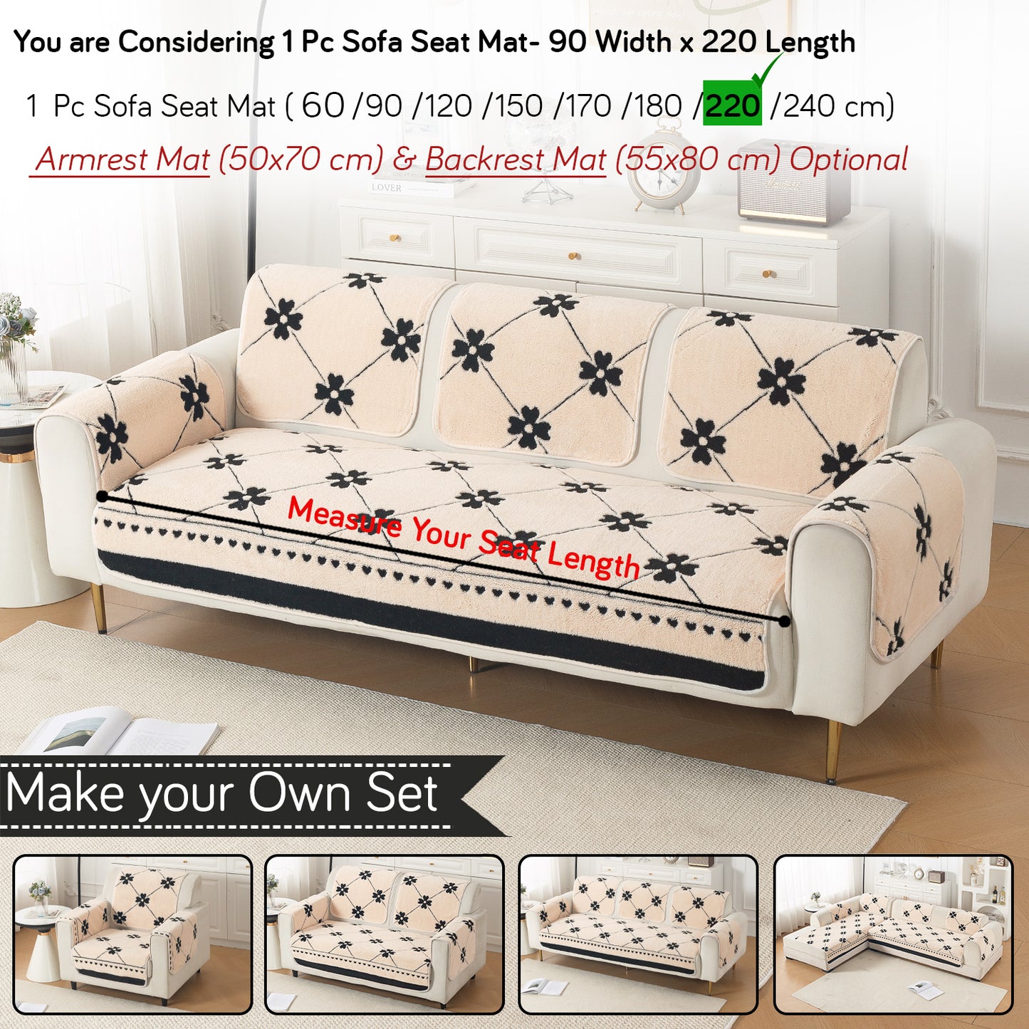 Luxury Plush Sherpa Anti-Slip Sofa Cover Mat, 'Noirea Series'| Floral Lattice