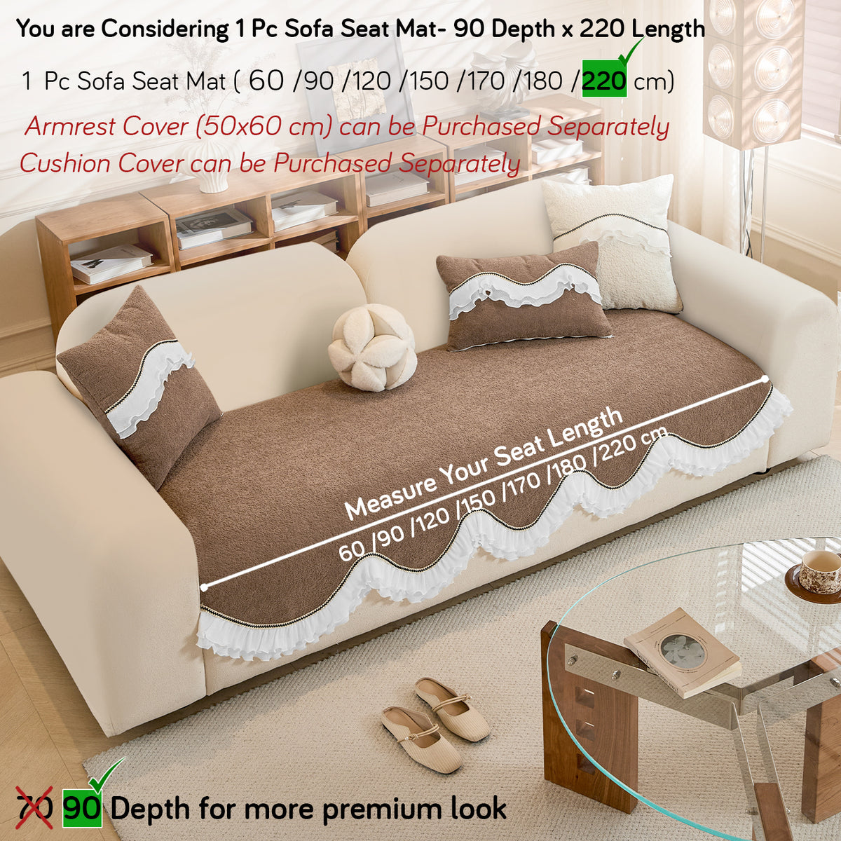French Classic Frill Wavy Sofa Cover Mat, Mocha Luxe Brown