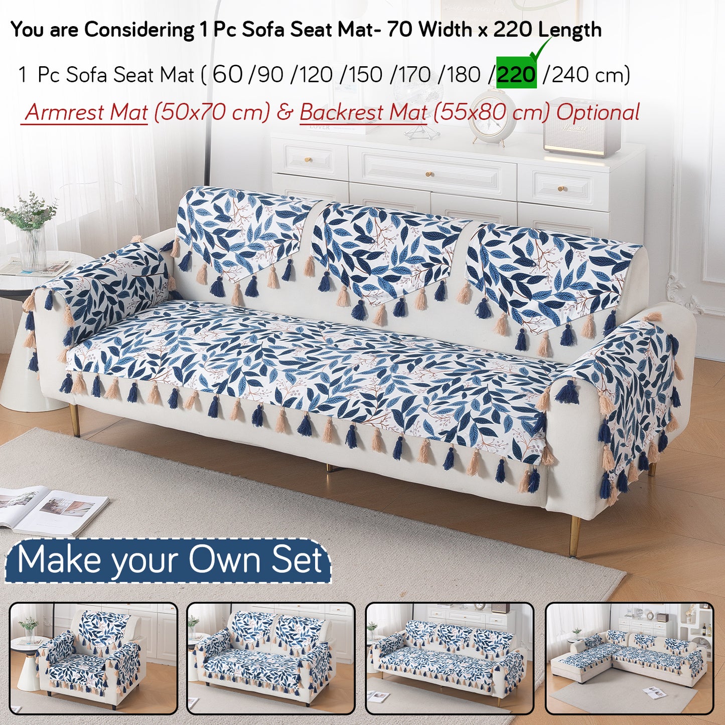 'Whispers of Nature' Series Holland Velvet Sofa Mat with Tassel, Indigo Foliage