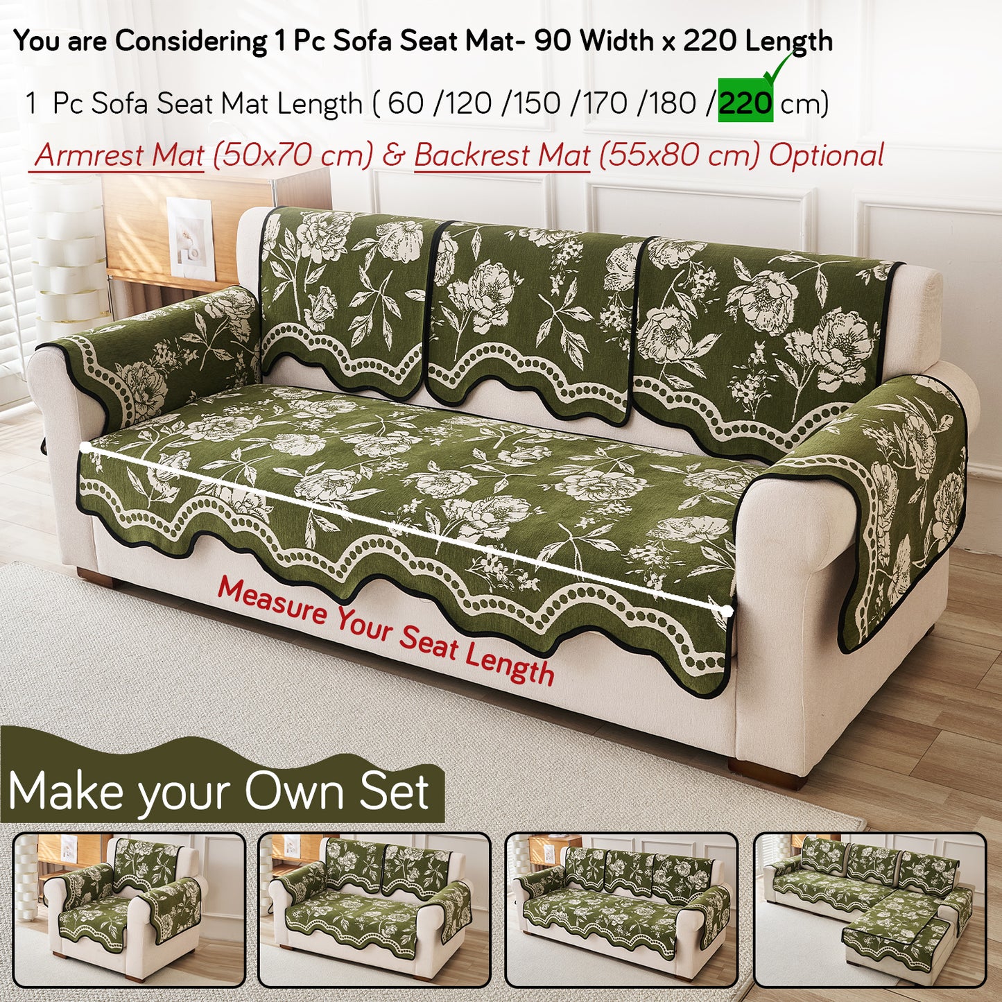Chenille Sofa Cover Mat with Curvy Edges, 'Retro Curves Series' Sofa Mat, Olive Green