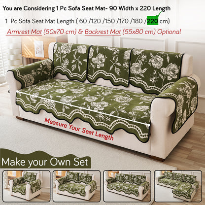 Chenille Sofa Cover Mat with Curvy Edges, 'Retro Curves Series' Sofa Mat, Olive Green