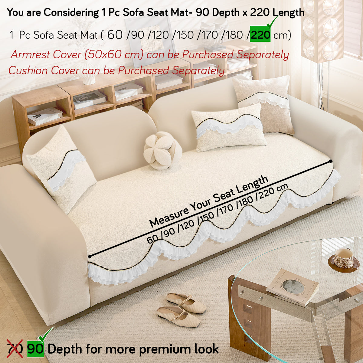 French Classic Frill Wavy Sofa Cover Mat, Snow White Ivory