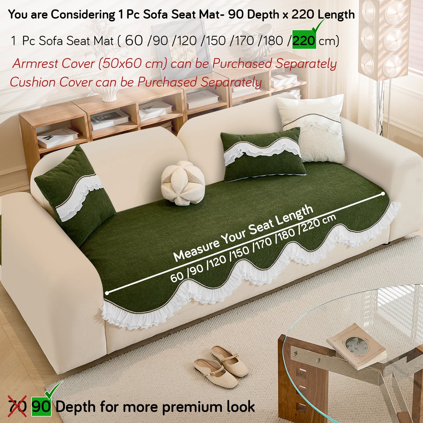 French Classic Frill Wavy Sofa Cover Mat, Dark Olive Green