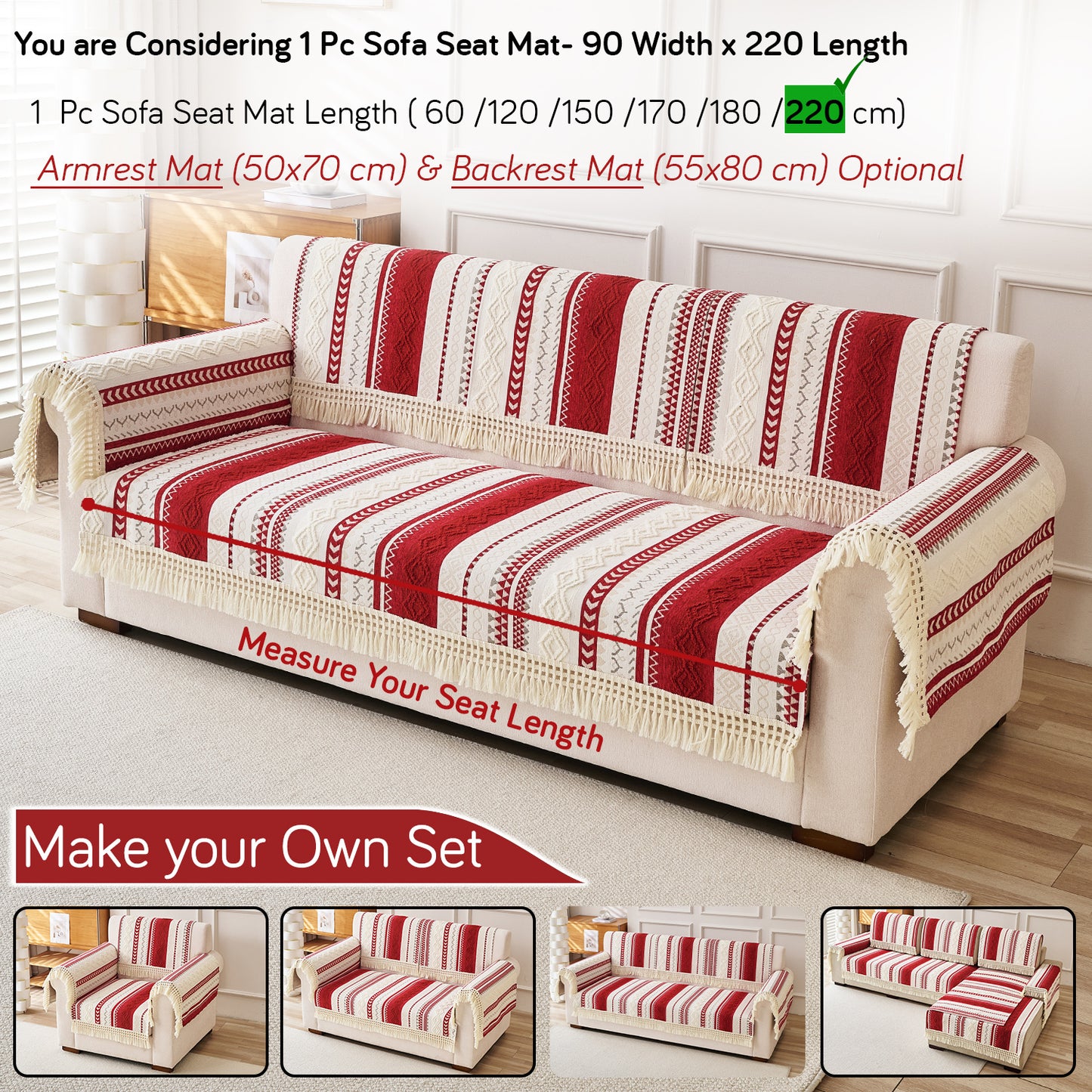 Nordic Boho Geometric Sofa Cover Mat with Tassel, 'Nordic Tassel Series'  Ruby Cream