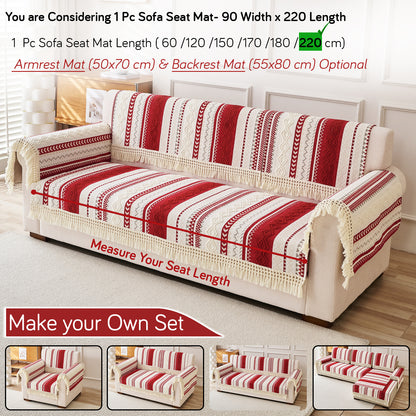 Nordic Boho Geometric Sofa Cover Mat with Tassel, 'Nordic Tassel Series'  Ruby Cream