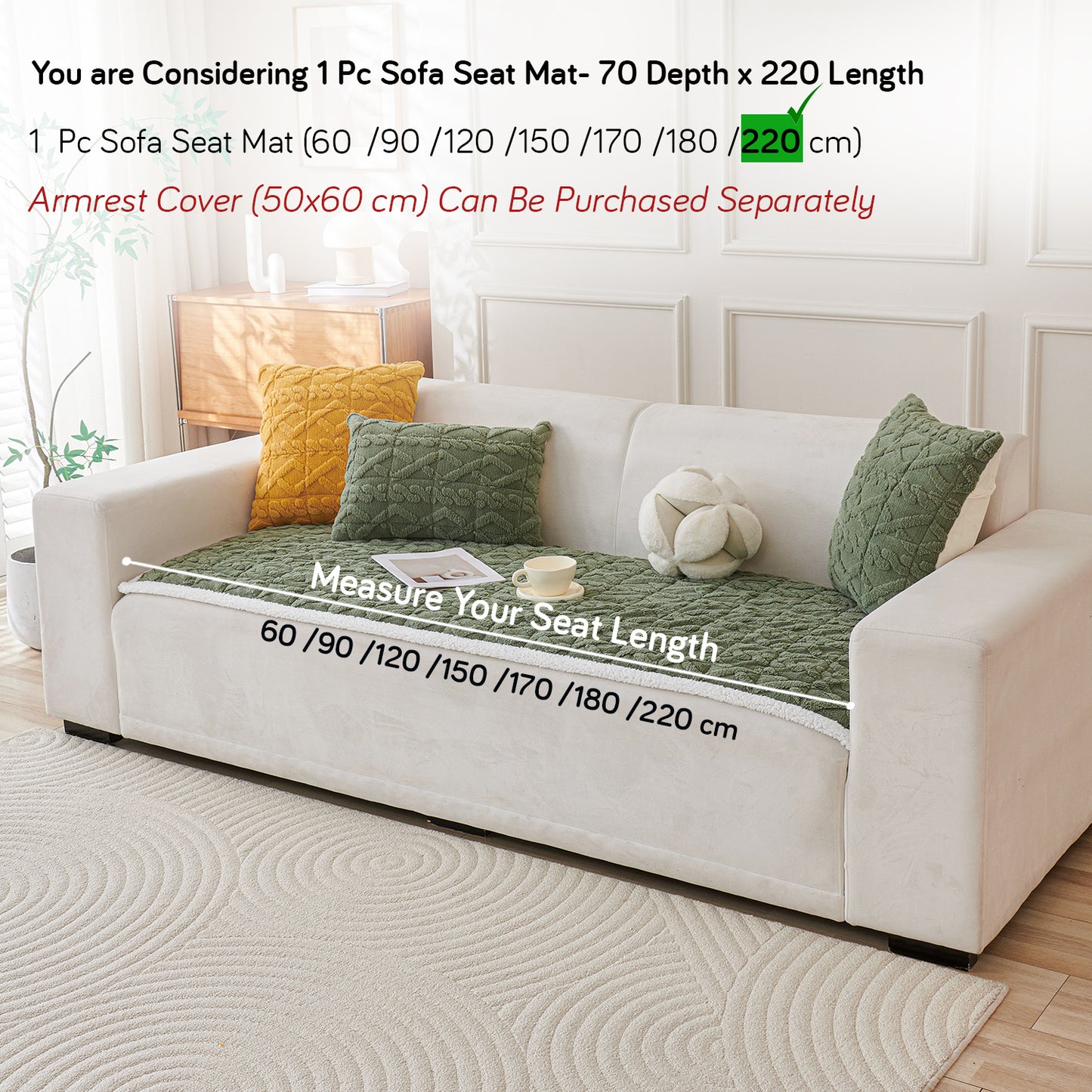'Italian Caelora' Luxury Jacquard Plush Sofa Cover Mat and Anti-Slip Armrest Covers - Sage Green