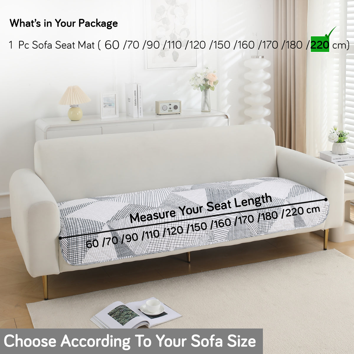 Water Repellent + Waterproof Quilted Sofa Mats, Snow White Black Geometry