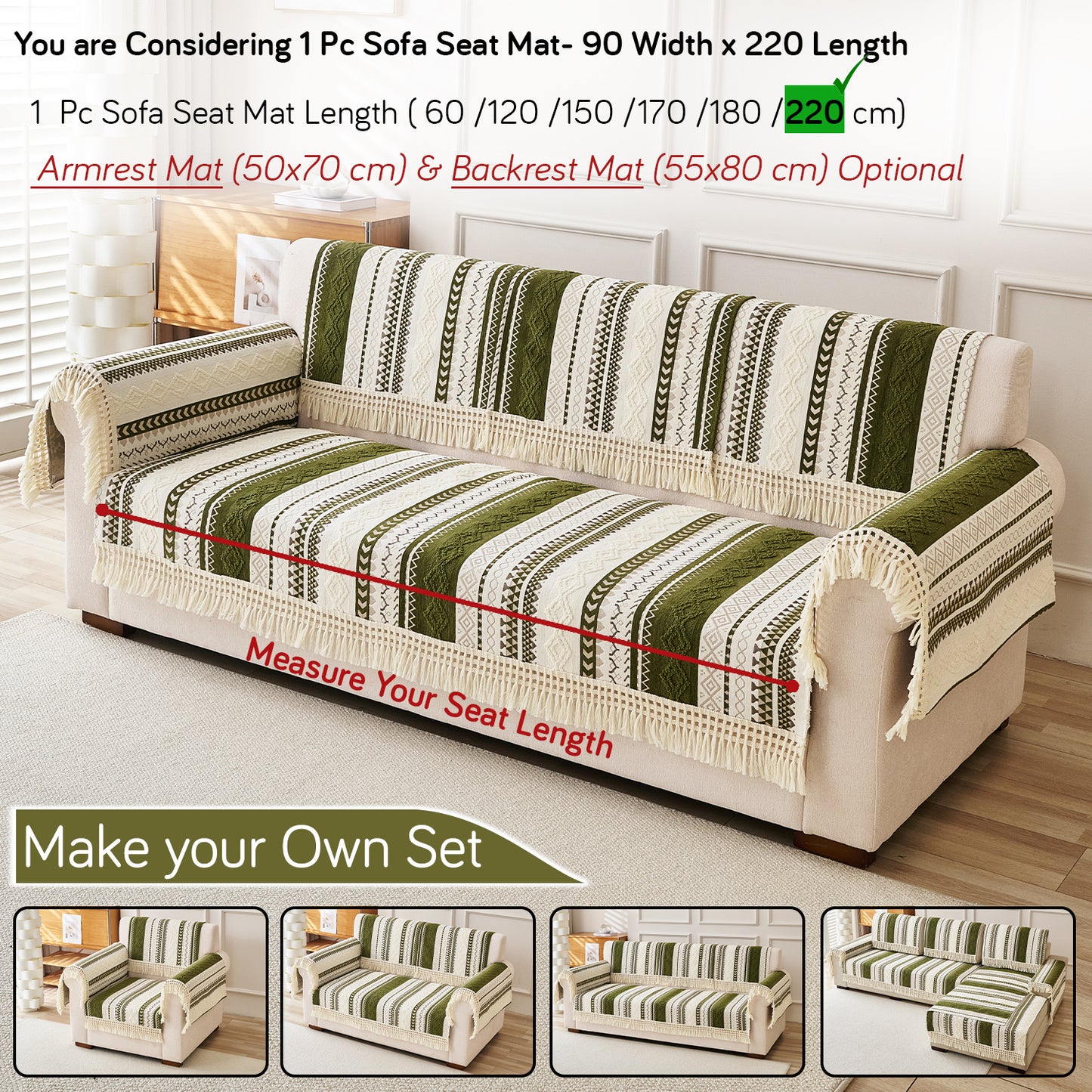 Nordic Boho Geometric Sofa Cover Mat with Tassel, 'Nordic Tassel Series'  Olive Meadow