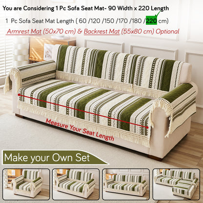 Nordic Boho Geometric Sofa Cover Mat with Tassel, 'Nordic Tassel Series'  Olive Meadow
