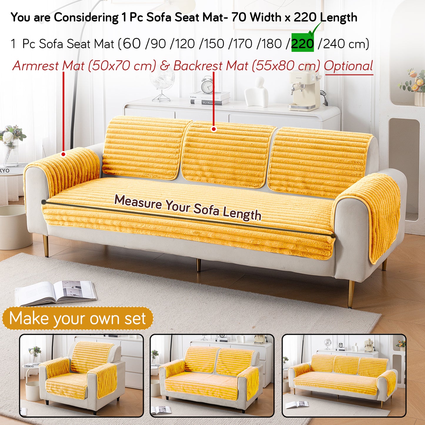 Faux Rabbit Fur Plush Anti-Slip Sofa Mat |Snuggle Fur Mustard Yellow