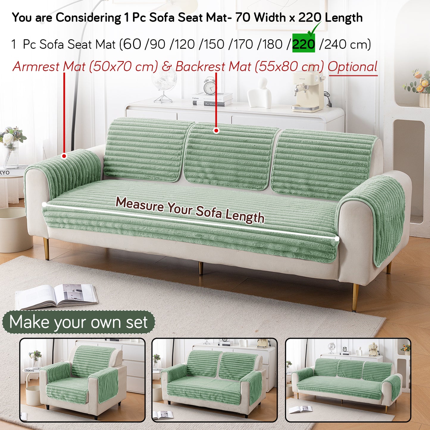 Faux Rabbit Fur Plush Anti-Slip Sofa Mat |Snuggle Fur Sage Green