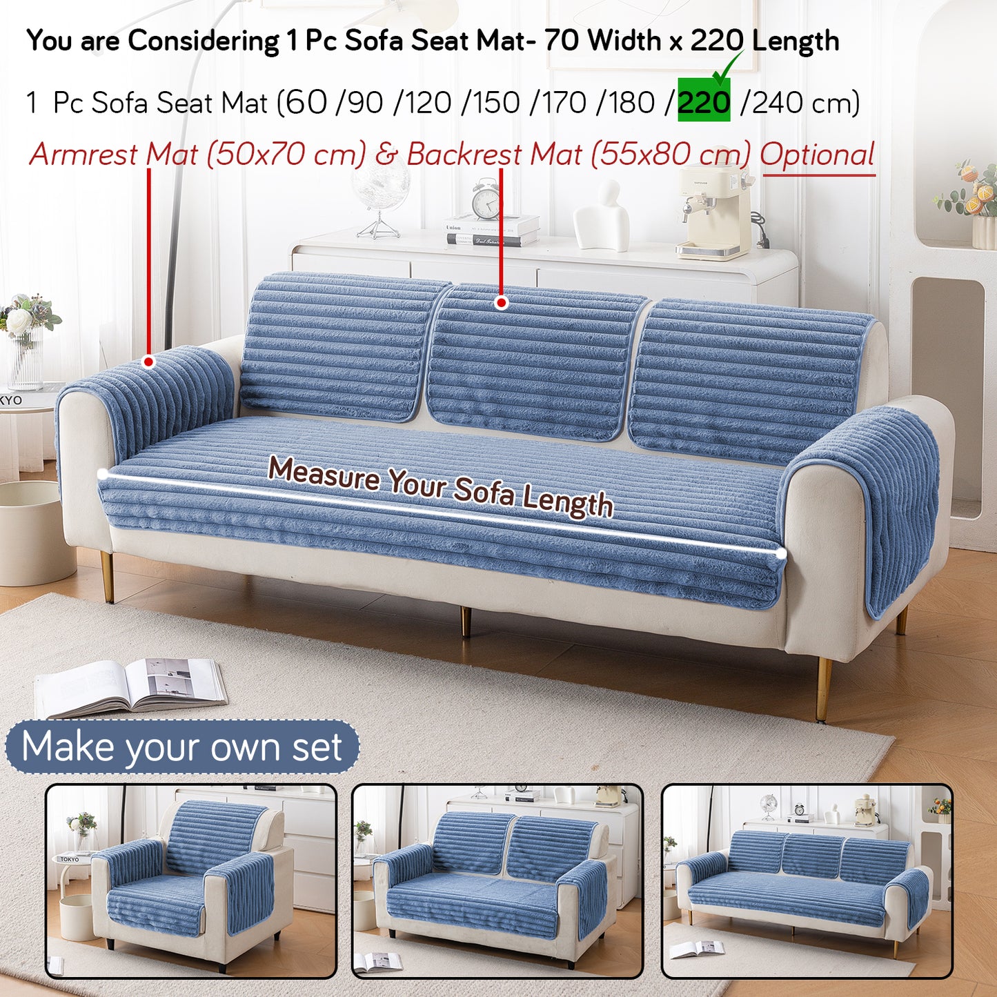 Faux Rabbit Fur Plush Anti-Slip Sofa Mat |Snuggle Fur Denim Blue
