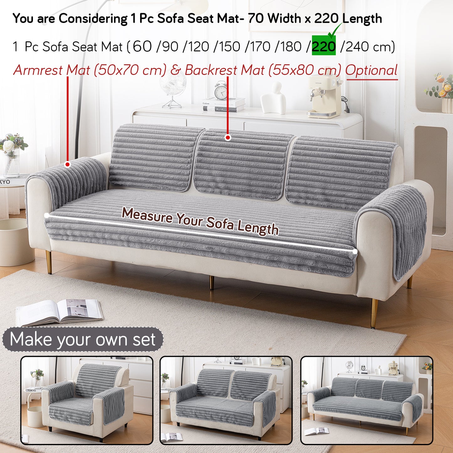 Faux Rabbit Fur Plush Anti-Slip Sofa Mat |Snuggle Fur Grey