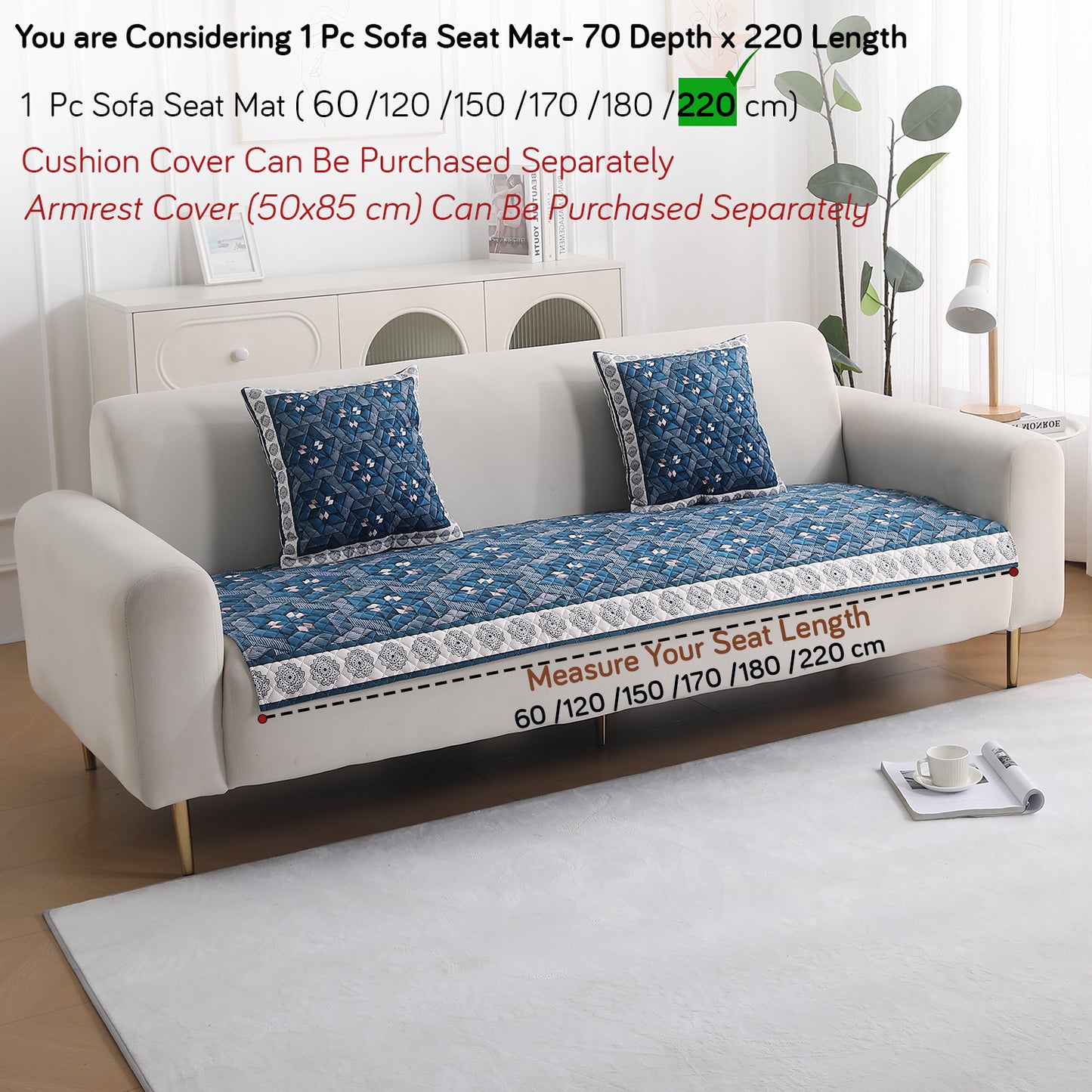LiefNest Holland Velvet Sofa Cover Mat with Foam Filling - Geometric Floral Oriental Blue