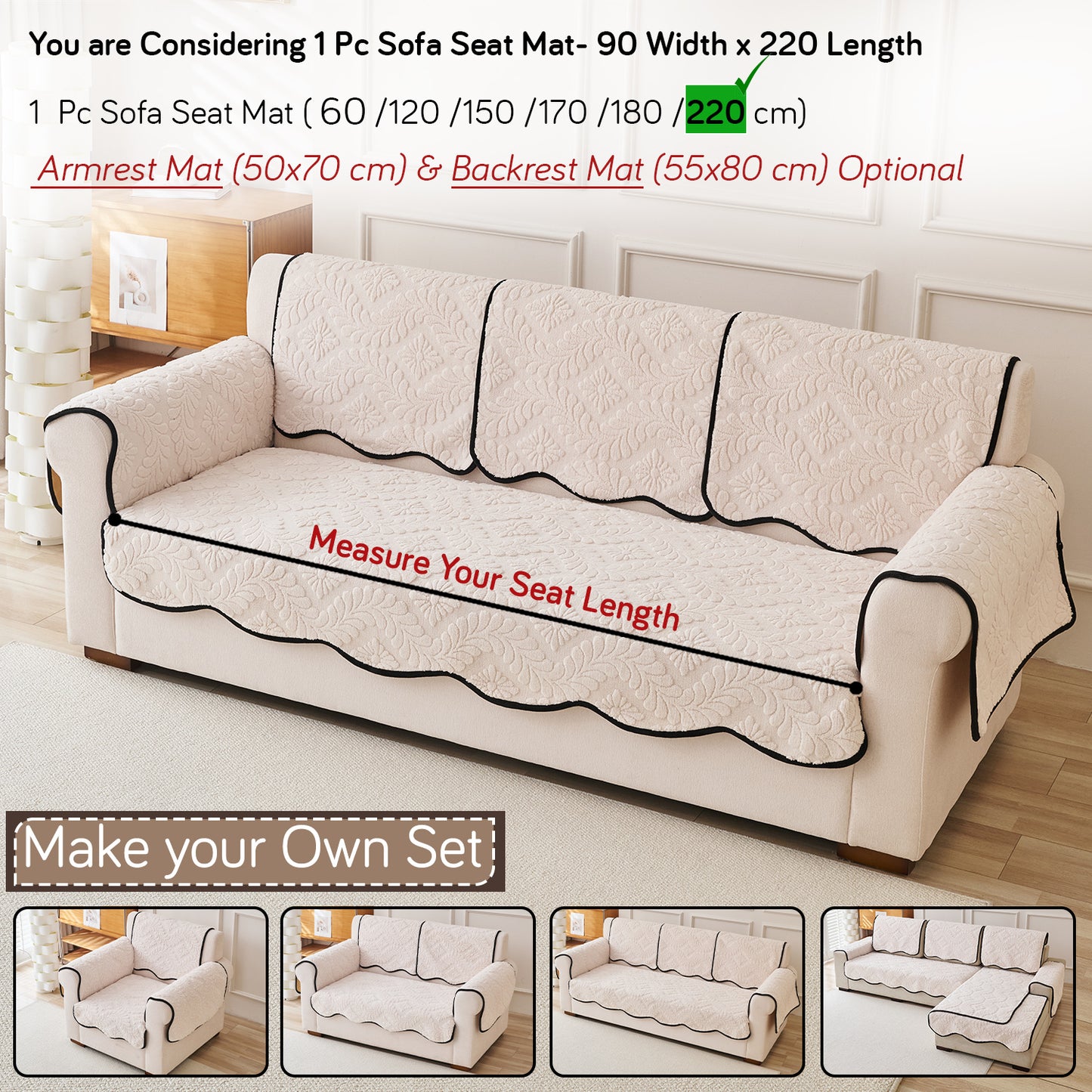 Embossed Floral Jacquard Anti-Slip Sofa Cover Mat, 'Wavy Petal Crest Series' Light Cream
