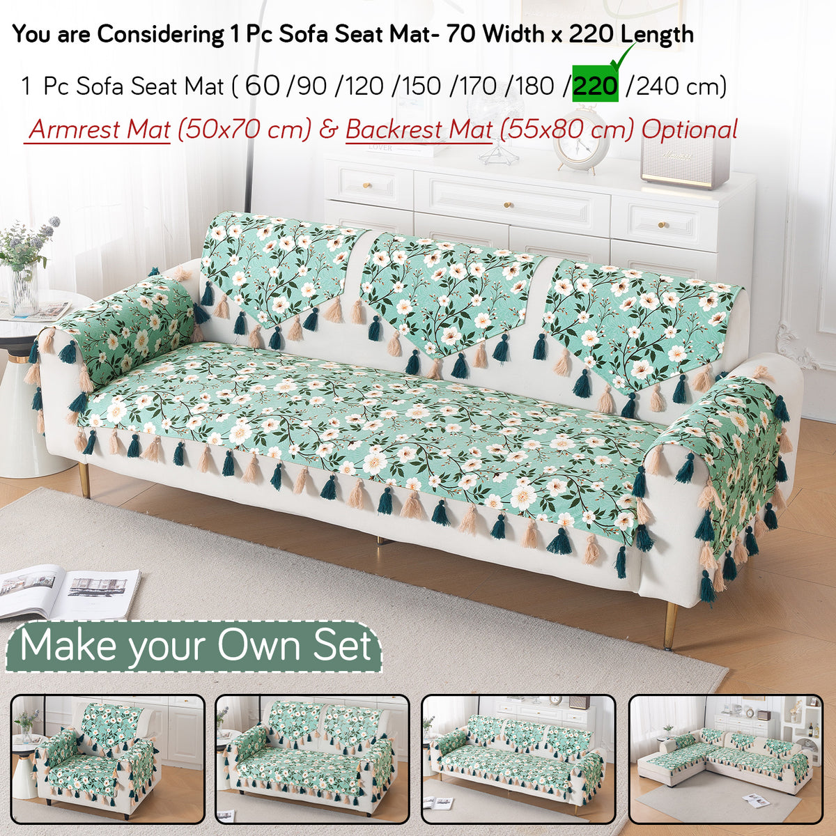 'Whispers of Nature' Series Holland Velvet Sofa Mat with Tassel, Sage Floral Vine