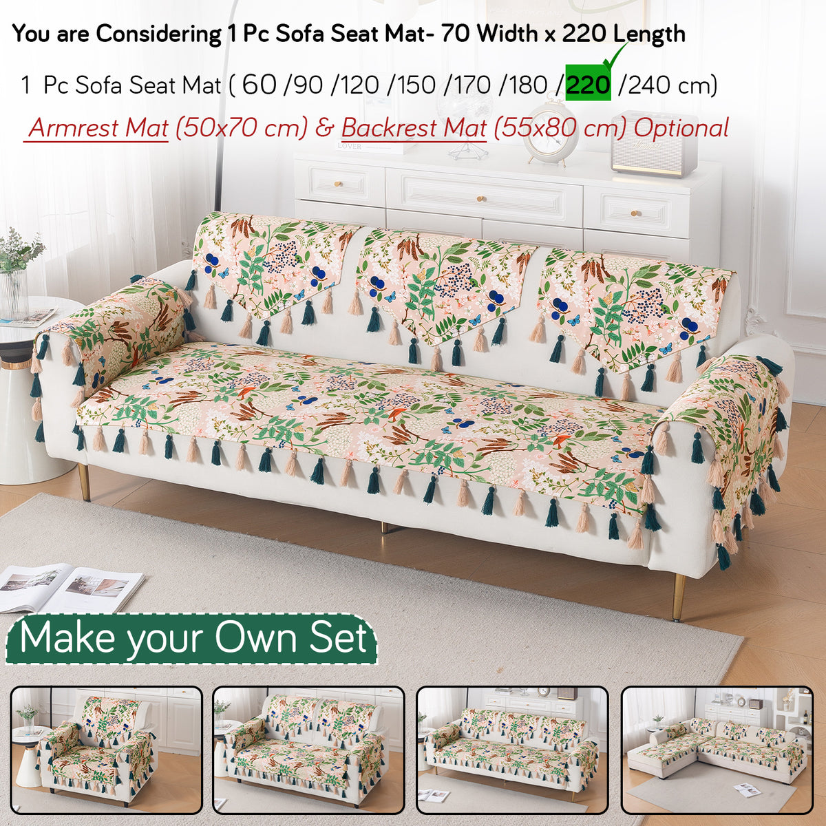 'Whispers of Nature' Series Holland Velvet Sofa Mat with Tassel, Beige Woodland Bloom