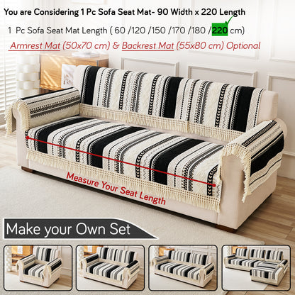 Nordic Boho Geometric Sofa Cover Mat with Tassel, 'Nordic Tassel Series'  Aurora Black