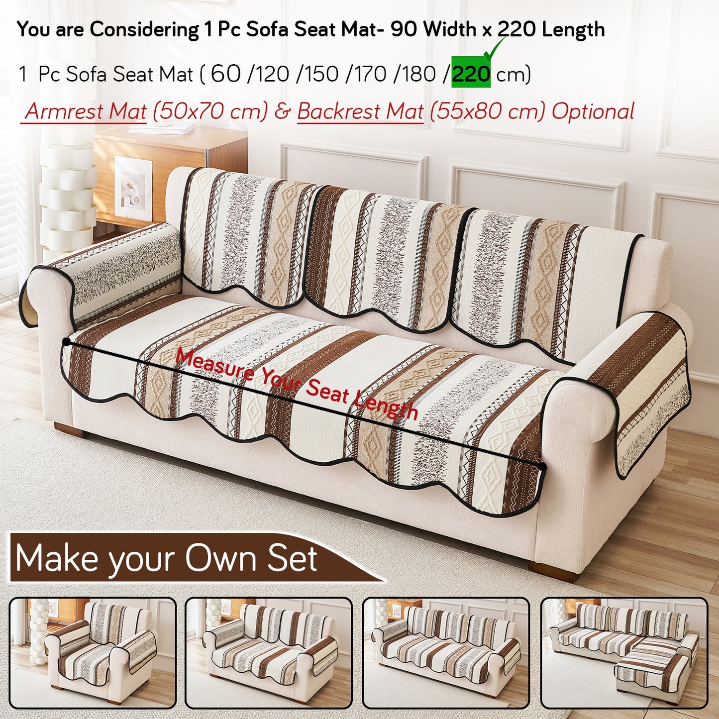 HOKIPO Boho Geometry Sofa Cover Mat|'Valenca Wavy Luxe Series' Earth Brown