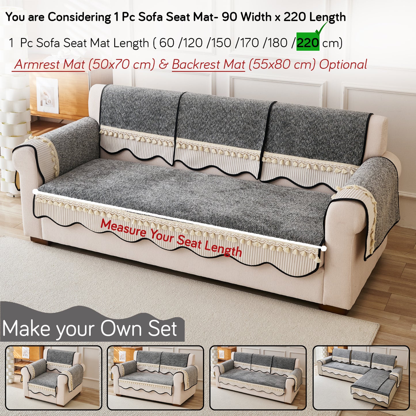 Thick Woven Weave Chenille Sofa Cover with Tassel|'Wavy Royale Series' Moon Grey