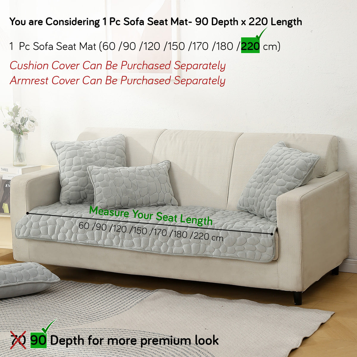 Premium Pebble Milk Velvet Anti Slip Sofa Mats, Moon Grey