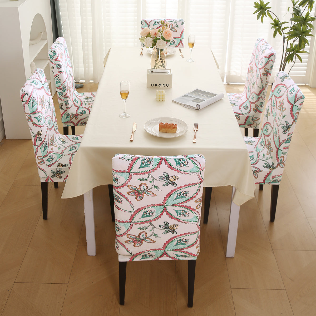 Buy Premium Beige Persian Garden printed velvet dining chair covers​ set of 6 | HOKIPO