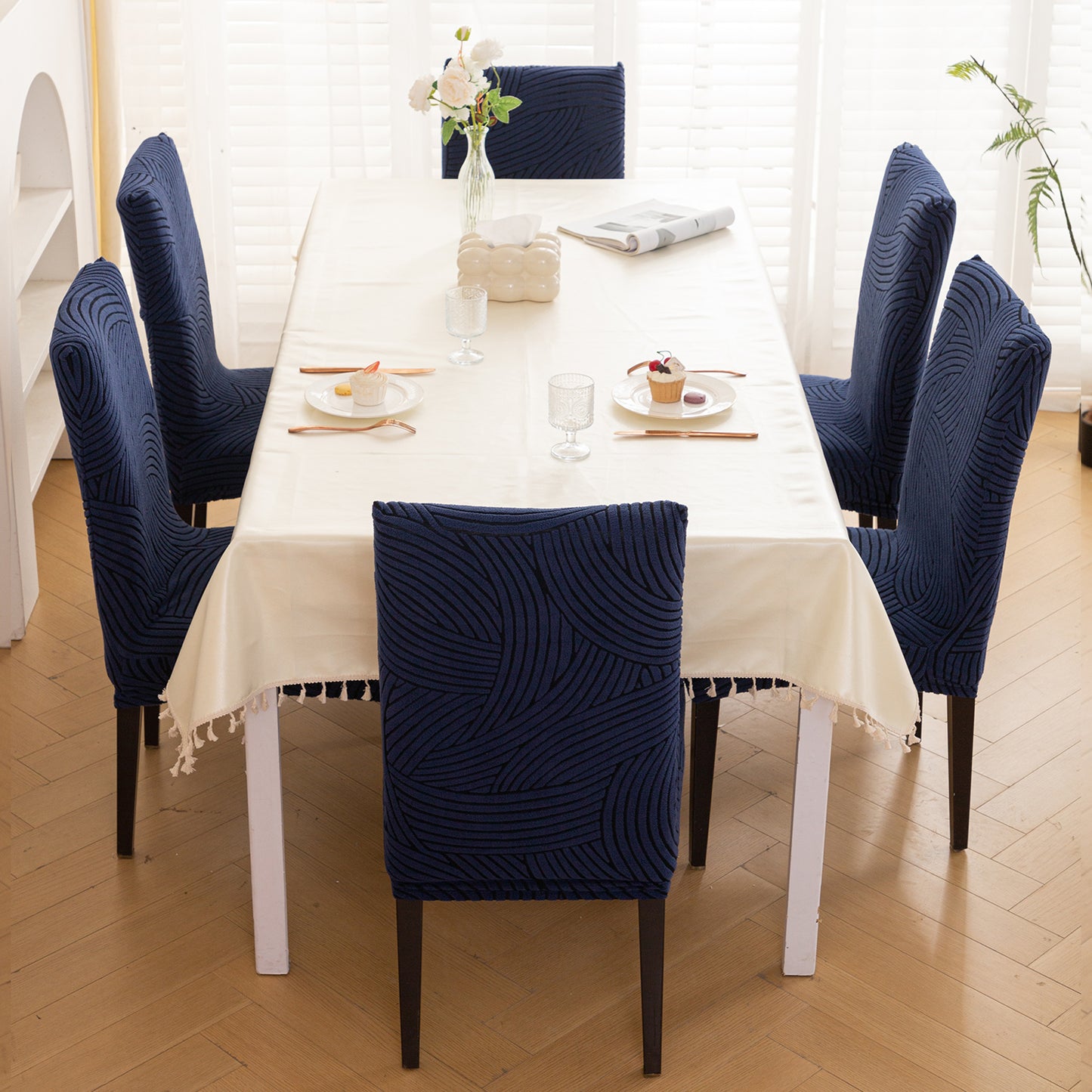 WaveLine Series 180 GSM Jacquard Chair Cover Set of 1/2/4/6, Royal Blue