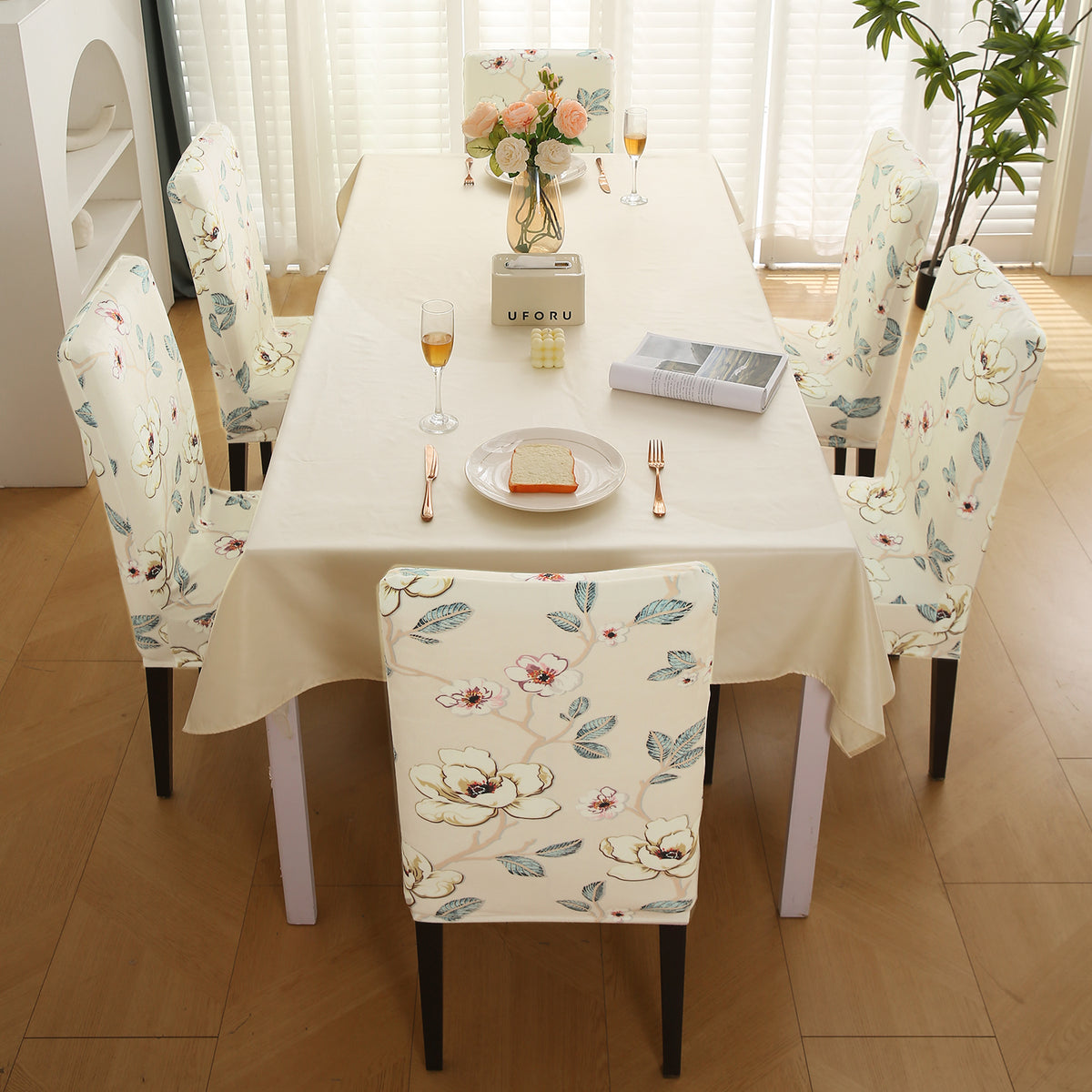 Premium Printed Velvet Dining Chair Cover Set, Buttercream Magnolia Whisper
