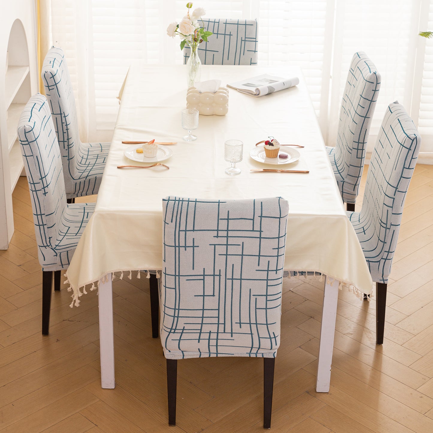 'Crossline Series' 180 GSM Jacquard Chair Cover Set 1/2/4/6, Teal Blue