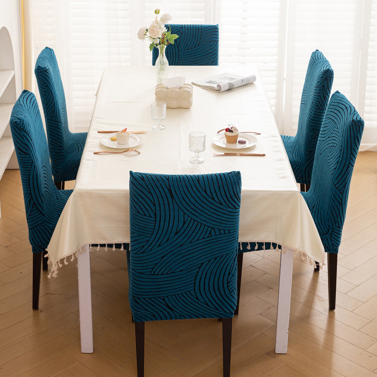 WaveLine Series 180 GSM Jacquard Chair Cover Set of 1/2/4/6, Teal Green