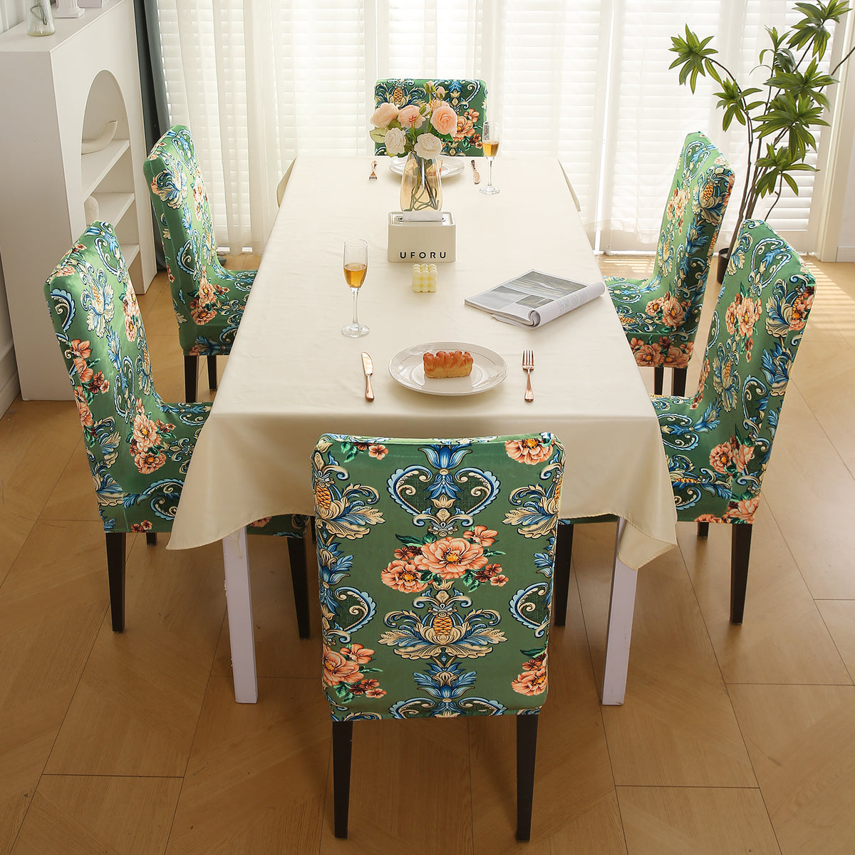 Premium Printed Velvet Dining Chair Cover Set, Green Victorian Garden