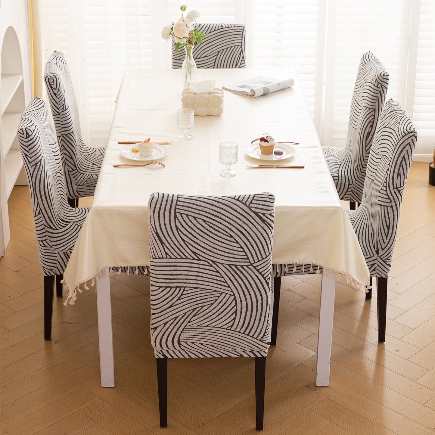 WaveLine Series 180 GSM Jacquard Chair Cover Set 1/2/4/6, Classic White