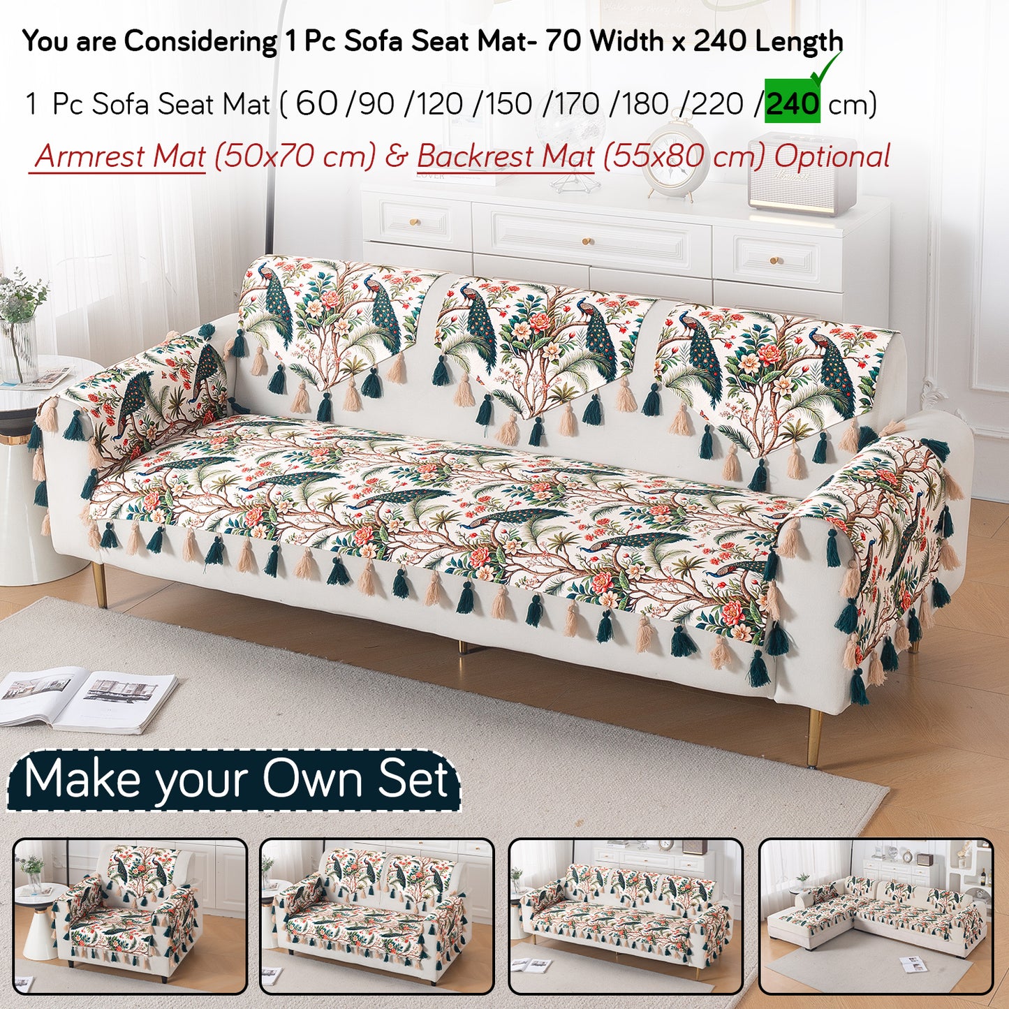 'Whispers of Nature' Series Holland Velvet Sofa Mat with Tassel, Multicolor Tropical Peacock