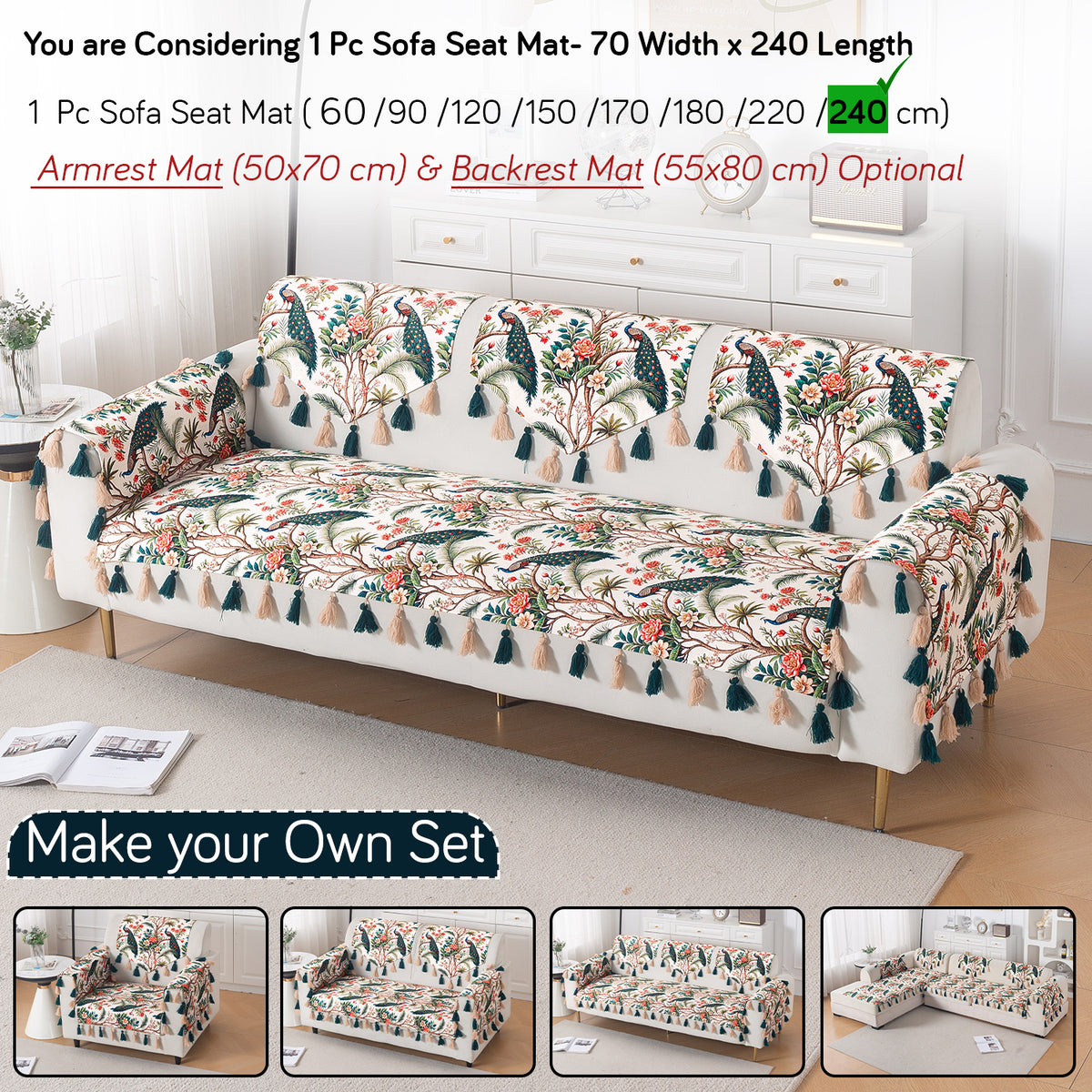 'Whispers of Nature' Series Holland Velvet Sofa Mat with Tassel, Multicolor Tropical Peacock