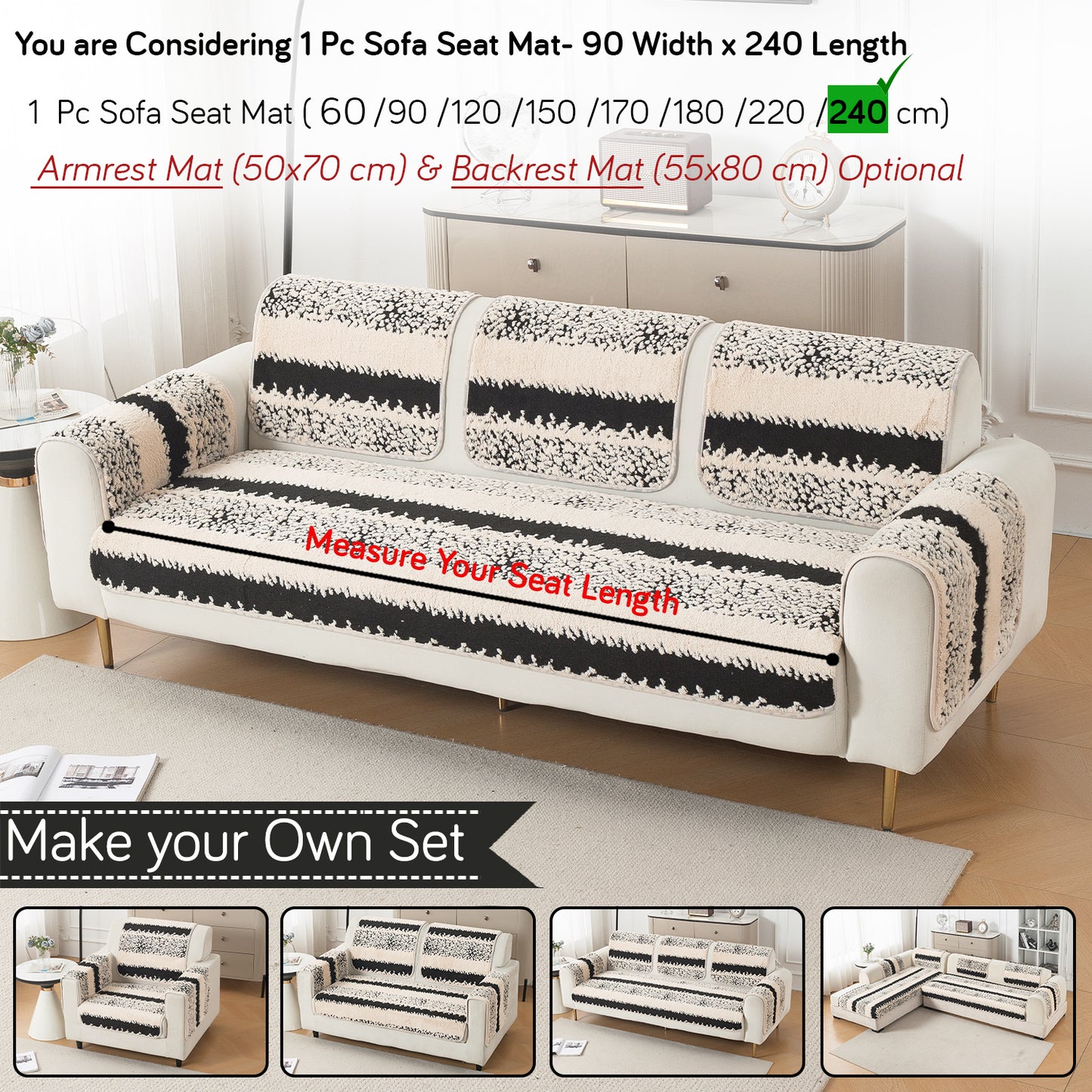 Luxury Plush Sherpa Anti-Slip Sofa Cover Mat, 'Noirea Series'| Textured Stripe