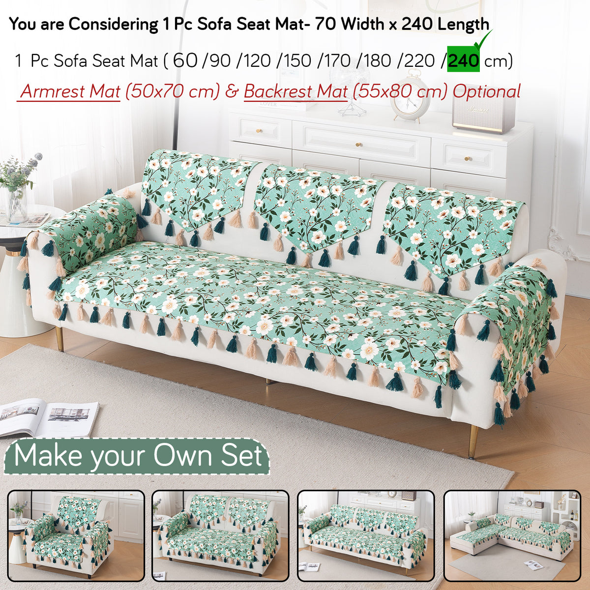 'Whispers of Nature' Series Holland Velvet Sofa Mat with Tassel, Sage Floral Vine